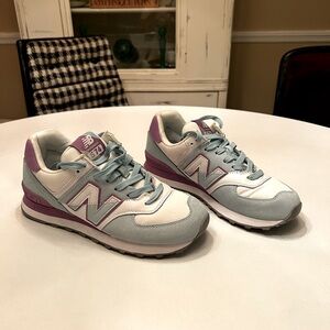 New Balance 574 size 7.5 wide; aqua/lavender/white